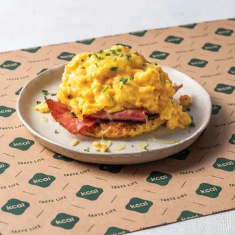 Scrambled Eggs on Hashbrowns and Turkey Bacon